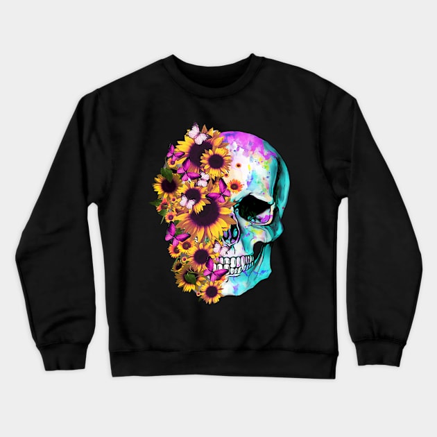 tatoo skull flowers sunflowers design art illustration Crewneck Sweatshirt by Collagedream